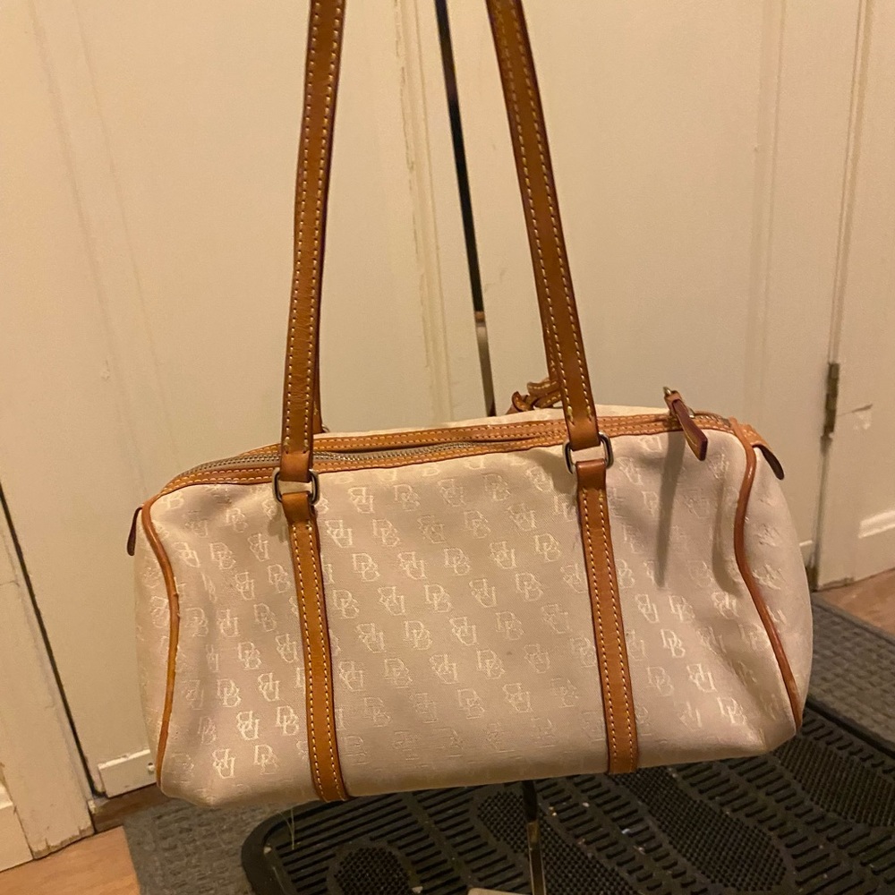 Dooney & Burke canvas rectangular satchel tan and brown - Picture 2 of 12